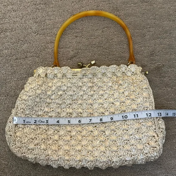 Vintage Large Woven Raffia Top Handle Ivory Cream Granny Core Handbag - Picture 5 of 14